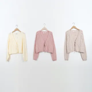 【CUMAR】慵懶立體麻花綁帶式開襟長袖毛衣外套(粉 米 杏/魅力商品)