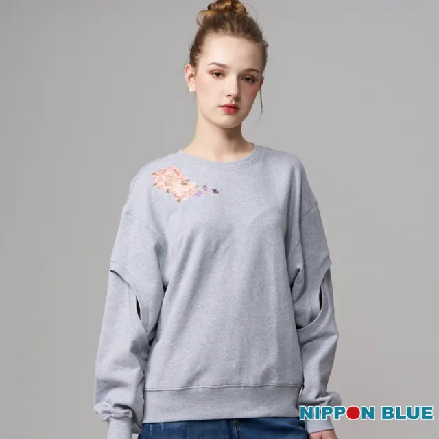 【BLUE WAY】女裝 牡丹繡花縷空拼接 長袖 上衣-日本藍