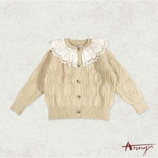 【ANNY’S 安妮公主】童裝 花朵荷葉領拼接秋冬款毛衣外套(2634卡其)