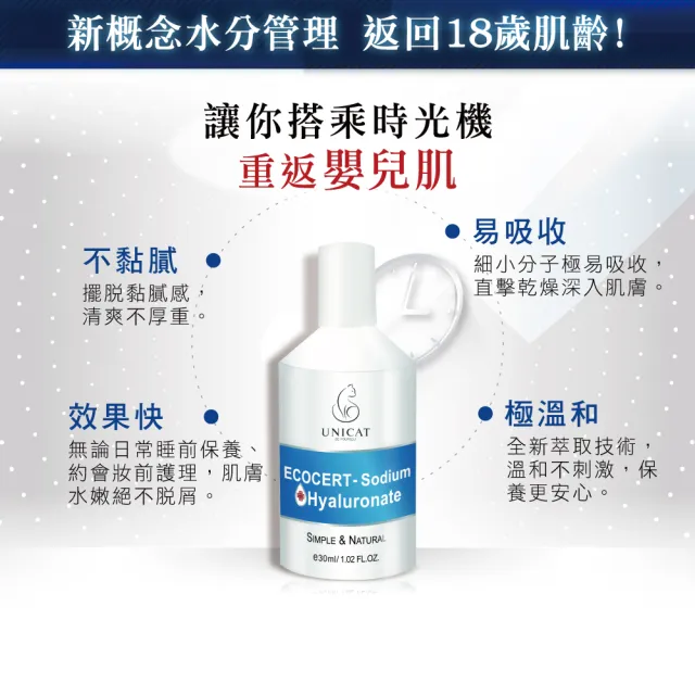 【UNICAT 變臉貓】99%玻尿酸保濕精華 30mlX3 +8HR保濕水潤面膜 玻尿酸面膜 共4片(有機認證 安心保濕抗乾燥)