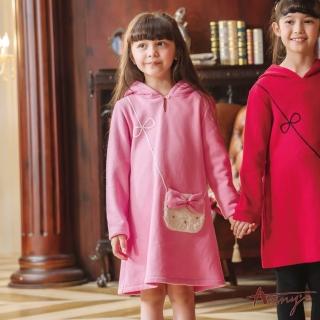 【ANNY’S 安妮公主】童裝 毛毛蝴蝶結斜背假包包秋冬款連帽長袖洋裝(2623桃粉)