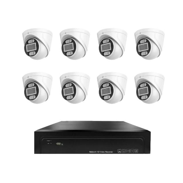 【iSecure】八路智慧雙光監視器組合:一部八路 4K 超高清監控主機+八部智慧雙光 3MP 超廣角半球型攝影機