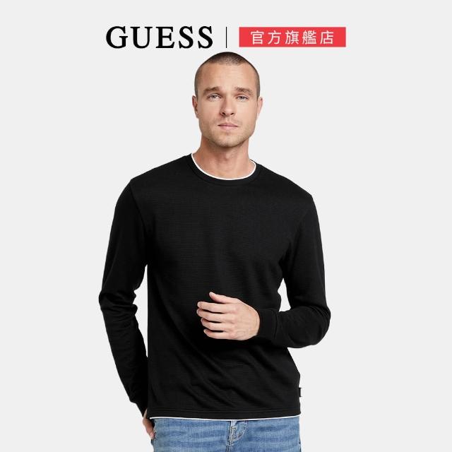 【GUESS】圓領圍邊紋理針織上衣(黑色)