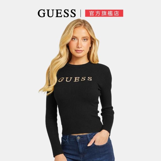 【GUESS】修身羅紋刺繡圓領毛衣(黑色)