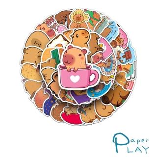 【Paper Play】創意多用途防水貼紙-可愛卡通水豚 50枚入(防水貼紙 行李箱貼紙 手機貼紙 水壺貼紙)