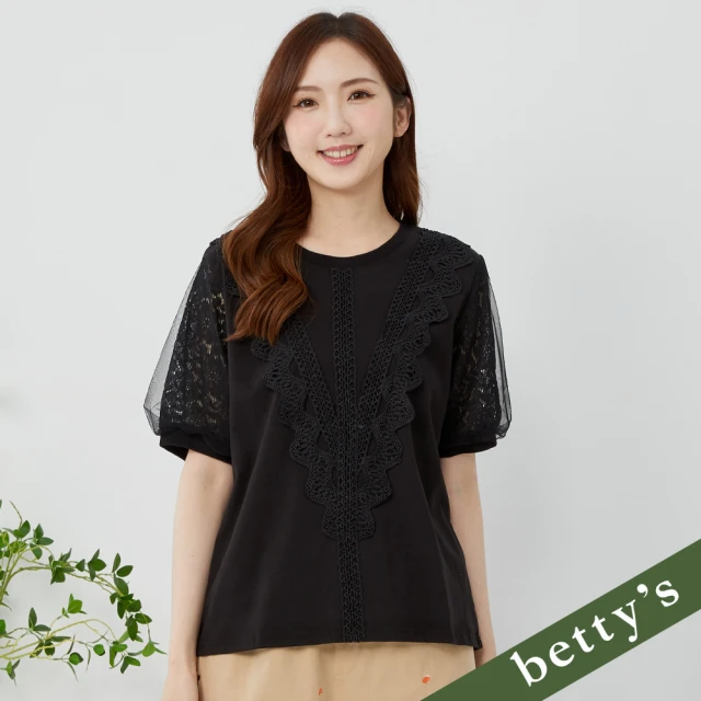 betty’s 貝蒂思 蕾絲壓線花花網紗袖T-shirt(黑色)