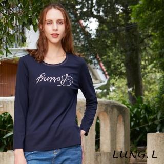 【LUNG.L 林佳樺】LQ90A50藍色胸前英文字母燙鑽長袖女裝上衣(秋冬新品 加大尺碼)