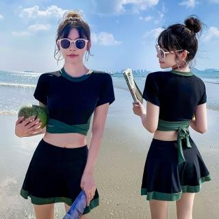 【D.studio】韓版修身顯瘦運動風泳衣(帶胸墊保守泳衣泳裝泳衣套裝上衣女生泳衣連身泳衣 S133)