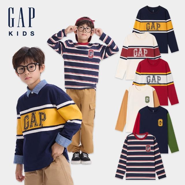 【GAP】男童裝 Logo純棉印花圓領長袖T恤-紅白拼接(634883&643079)