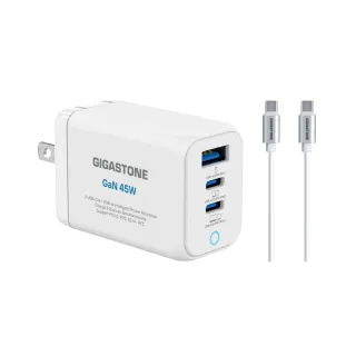 【GIGASTONE 立達】GaN 45W氮化鎵Type-C三孔快充充電器+C to C充電傳輸線(支援iPhone16/15/Mac筆電充電頭)