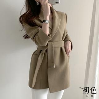 【初色】韓版系帶收腰顯瘦寬鬆素色休閒毛呢大口袋大衣外套女外套-共4色-38215(M-XL可選)