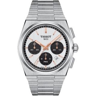【TISSOT 天梭 官方授權】PRX系列 復古風酒桶型三眼計時機械錶-42mm/黑白 熊貓錶 禮物(T1374271101100)