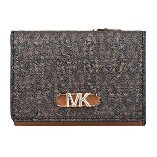 【Michael Kors】MK MICHAEL KORS PARKER縮寫LOGO釦式4卡滿版印花PVC三折短夾(橡子棕x深褐)