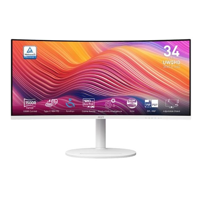 【MSI 微星】Modern MD342CQPW 34型 VA UWQHD 120Hz 美型曲面螢幕(Type-C/內建喇叭/TUV護眼/白色)