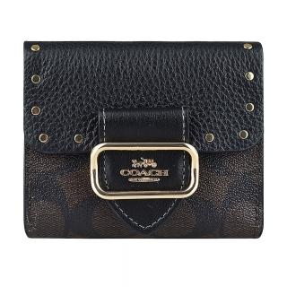 【COACH】COACH MORGAN鉚釘裝飾釦式方形金字LOGO PVC搭皮革6卡短夾(黑x深棕)