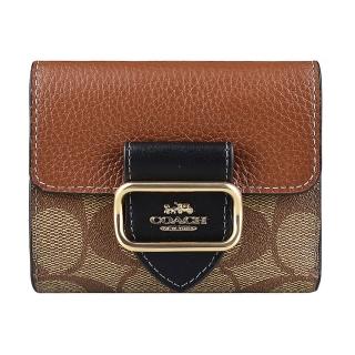 【COACH】COACH釦式方框金字馬車LOGO印花PVC搭皮革6卡短夾(卡其x棕)