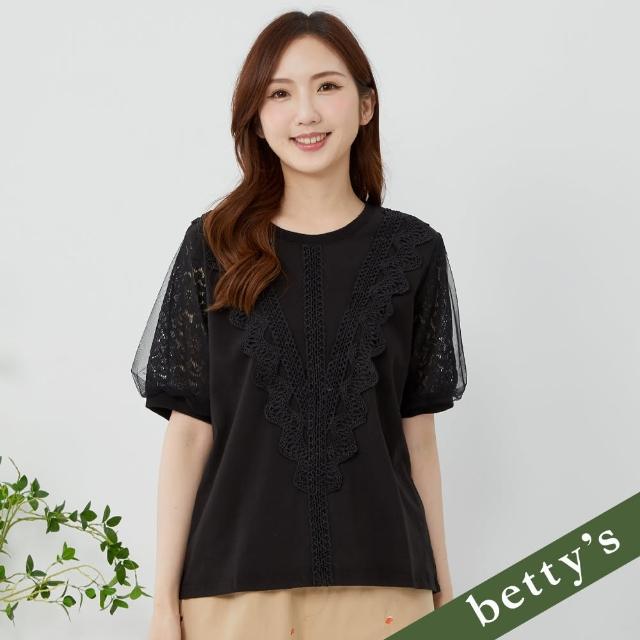 【betty’s 貝蒂思】蕾絲壓線花花網紗袖T-shirt(黑色)