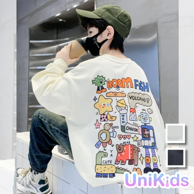 UniKids 中大童裝長袖T恤 萌趣插畫設計上衣 男大童裝女大童裝 CVTXH1133(灰 杏)