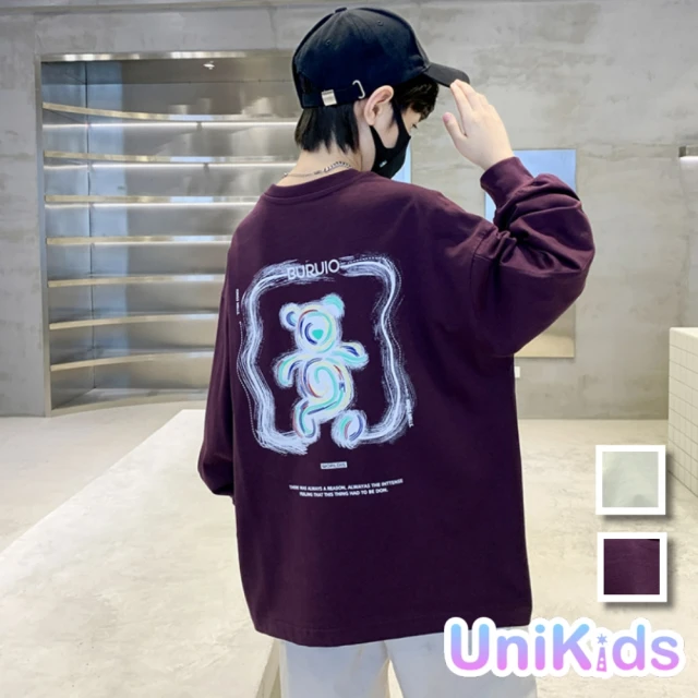 UniKids 中大童裝長袖T恤 潮流熊熊上衣 男大童裝女大童裝 CVTXH195(綠 紫)