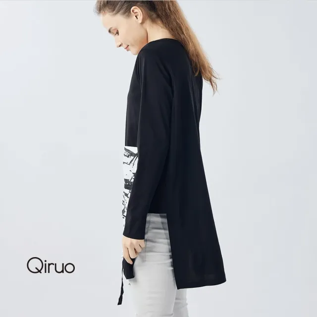 【Qiruo 奇若名品】棉質 U領長版遮臀 雙開叉黑色上衣2129A 