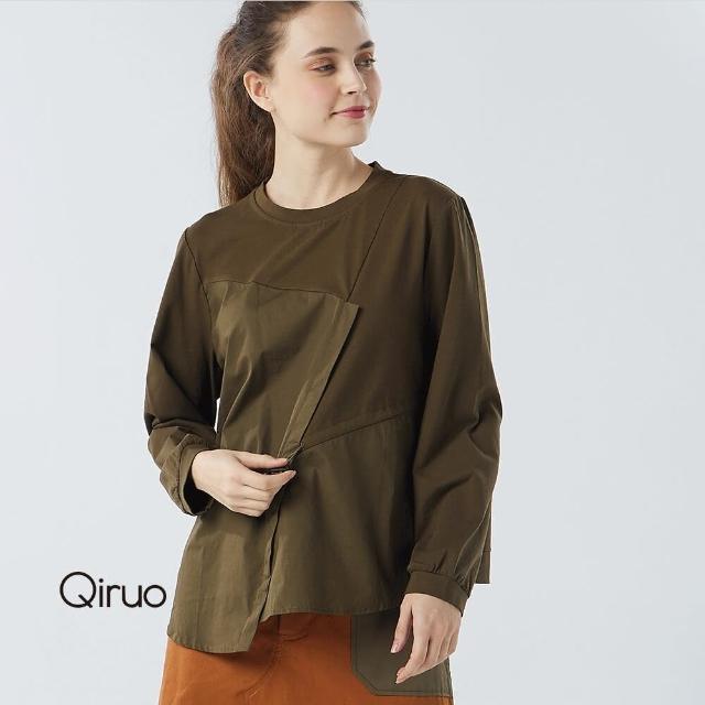 【Qiruo 奇若名品】秋冬專櫃橄欖色造型上衣3053A 素色圓領(M-2XL)