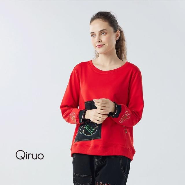 【Qiruo 奇若名品】秋冬專櫃紅色長袖上衣2095A圓領卡通圖設計(M-2XL)