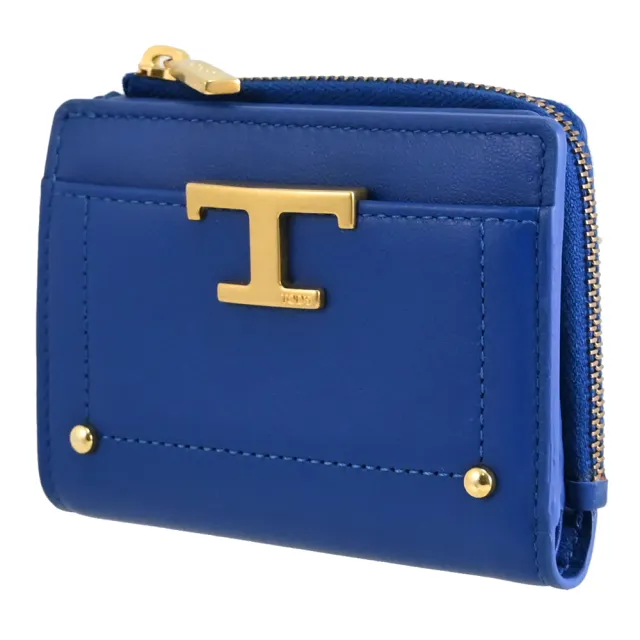 【TOD’S】TODS T Timeless 金屬T LOGO小牛皮扣式零錢短夾(寶藍)