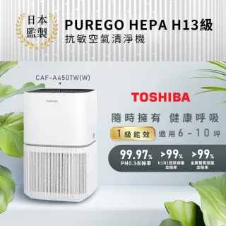 【TOSHIBA 東芝】TV直播熱銷PUREGO HEPA H13級抗敏空氣清淨機 CAF-A450TW 適用6-10坪