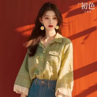 【初色】荷葉邊拼接格紋翻領長袖襯衫上衣女上衣-綠色-38114(M-3XL可選)