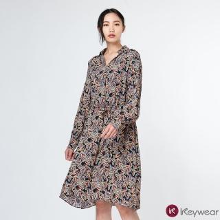 【KeyWear 奇威名品】襯衫領燈澎袖時尚印花長袖洋裝