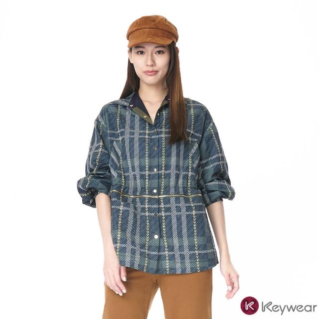 【KeyWear 奇威名品】格紋拉鏈裝飾長袖外套