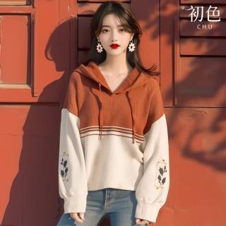 【初色】撞色拼接條紋植物印花抽繩連帽長袖寬鬆帽T衛衣上衣女上衣-紅白色-38128(M-2XL可選)