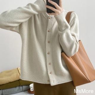 【MsMore】日系慵懶風軟糯毛衣長袖外套寬鬆針織開衫短版上衣#123401(灰/米/杏/綠)