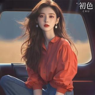 【初色】韓系純色拼接POLO領單排釦長袖泡泡袖襯衫上衣女上衣-紅色-38087(L-2XL可選)