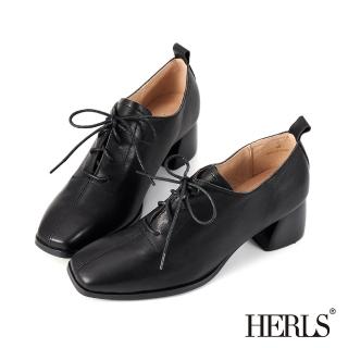 【HERLS】牛津鞋-全真皮車線造型方頭粗跟牛津鞋(黑色)