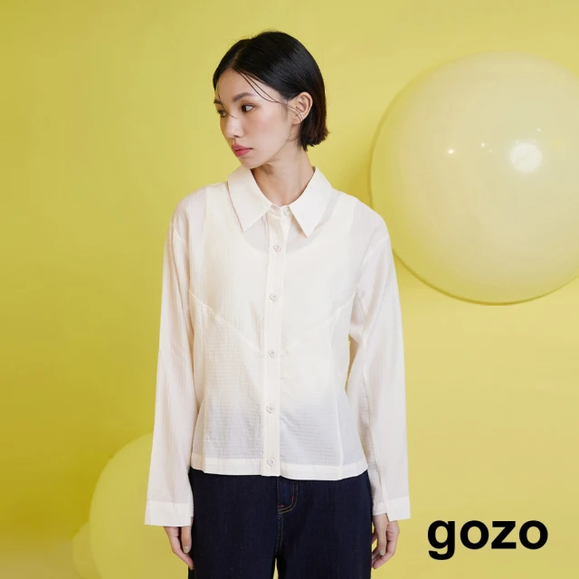 gozo 天絲暗條紋拼接造型長袖襯衫(兩色)