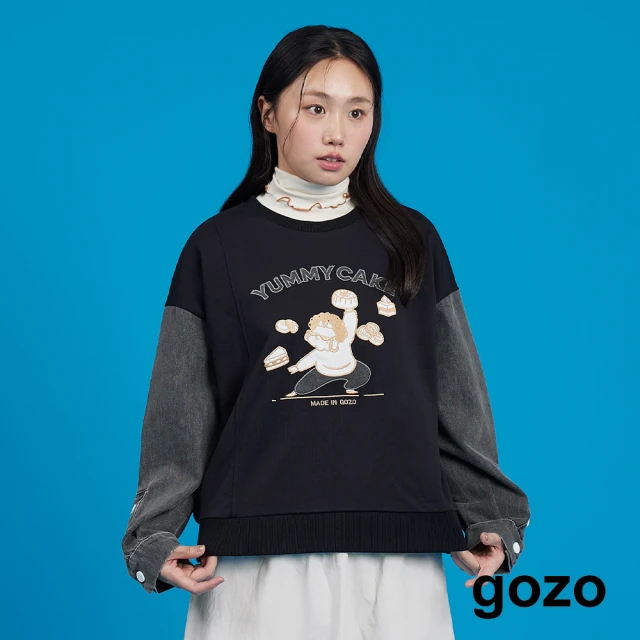 gozo 功夫阿嬤拼接牛仔袖繡花大學T(兩色)