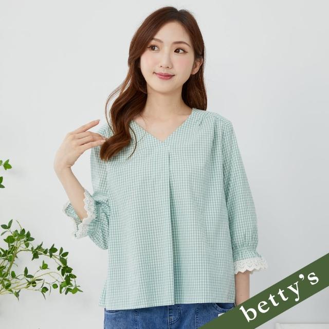 【betty’s 貝蒂思】V領袖口蕾絲格紋長袖上衣(湖水綠)