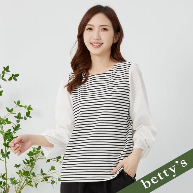 【betty’s 貝蒂思】橫條紋拼接圓領長袖T-shirt(象牙白)