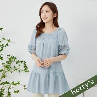 【betty’s 貝蒂思】2WAY鏤空蕾絲拼接皺褶綁帶長版上衣(淺藍)