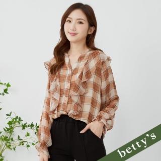 【betty’s 貝蒂思】雪紡格紋荷葉邊V領襯衫(卡其)