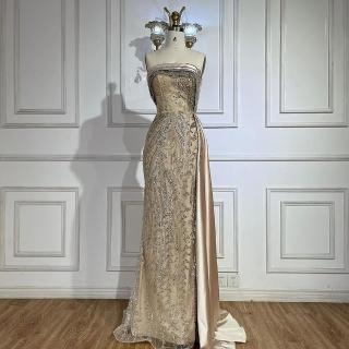 【女神婚紗禮服】極致雕花緞面罩紗摺痕抹胸修身小魚尾晚禮服LA72665香檳金(典禮晚會主持人 拉鍊款晚禮服)