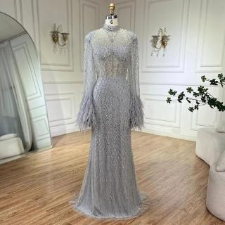 【女神婚紗禮服】輕奢幻視蕾絲串珠羽毛長飄袖小魚尾晚禮服LA72394貴族灰(典禮晚會主持人 拉鍊款晚禮服)