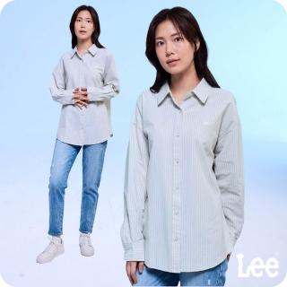 【Lee 官方旗艦】女裝 長袖襯衫 / 撞色直條 貼布小LOGO 休閒襯衫 OVERSIZED版型 淺果綠(LB407006975)