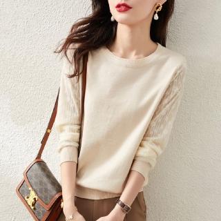 【LANNI 藍尼】★圓領長袖蕾絲優雅上衣(上衣/女裝/休閒/百搭/圓領上衣)