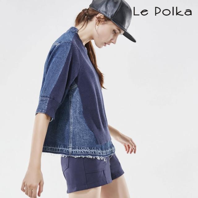 【Le Polka】牛仔拼接造型針織上衣-女(丹寧)