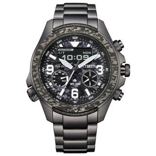 【CITIZEN 星辰】PROMASTER 35週年限定迷彩雙顯光動能200米潛水錶-黑/43.9mm 母親節限定(JV1008-63E)