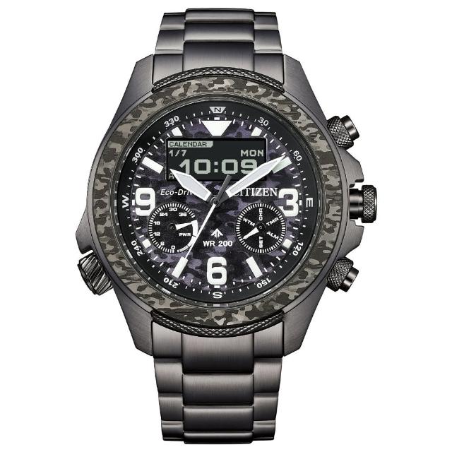 【CITIZEN 星辰】PROMASTER 35週年限定迷彩雙顯光動能200米潛水錶-黑/43.9mm 母親節限定(JV1008-63E)