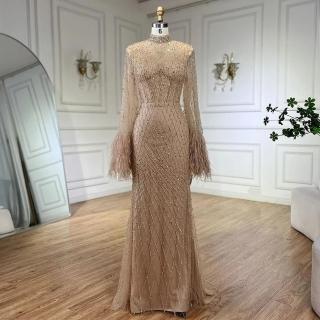 【女神婚紗禮服】輕奢幻視蕾絲串珠羽毛長飄袖小魚尾晚禮服LA72394駱駝金(典禮晚會主持人 拉鍊款晚禮服)