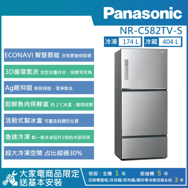 【Panasonic 國際牌】578公升 一級能效智慧節能右開三門冰箱(NR-C582TV)